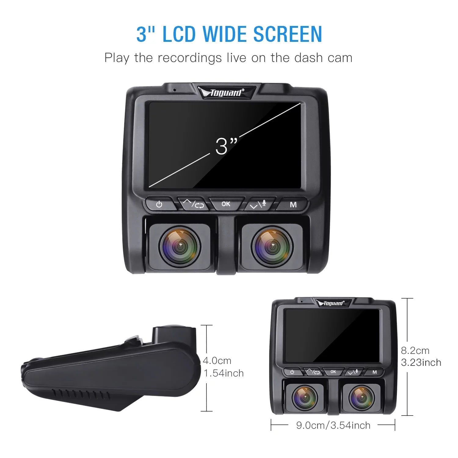 TOGUARD Camera Front Cam Parking LCD Car Inside Dual Loop and Dash 1080P G-Sensor, Vision 3" Screen Recording with Camera Monitor, Night IR Dash