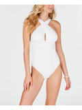 KORS Lined Swimsuit MICHAEL 6 Full Neck Stretch Piece Women's Convertible Removable Ruched Cups White MICHAEL Coverage One High