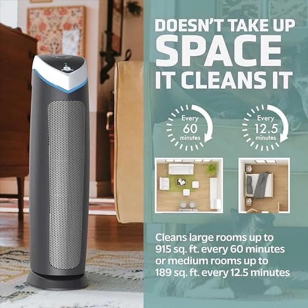 Removes HEPA Germs, 99.97% ft. Large Genuine with Air Filter, Reduce Helps Purifier Pure Hour, to Pet Sq. Pollutants, of Light 915 UV-C 1 13 AC5250PT in Rooms 28", Black, GermGuardian up Covers