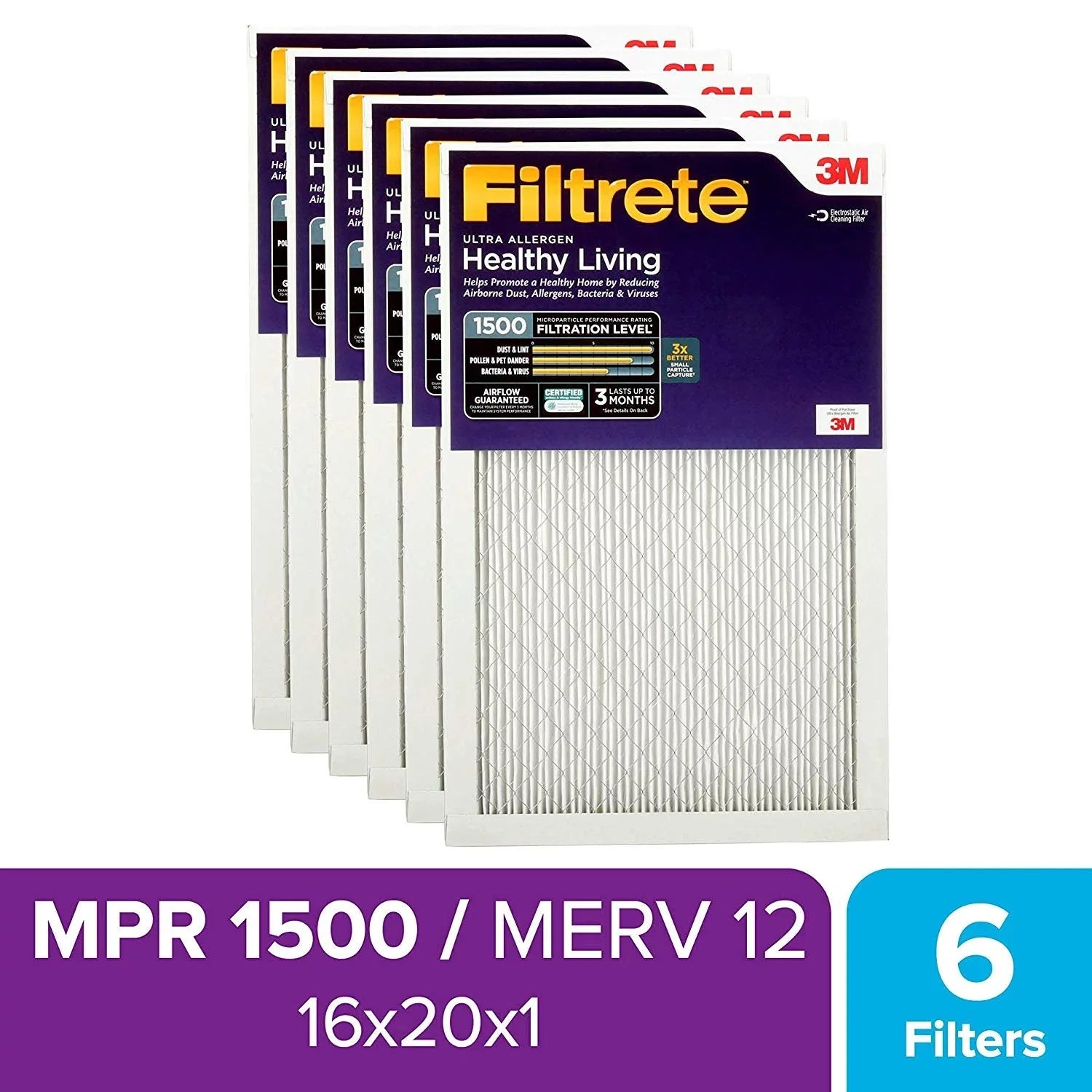 Ultra 16x20x1, 2-Pack Filtrete AC Allergen, Living Furnace MPR Healthy 1500, Air Filter,