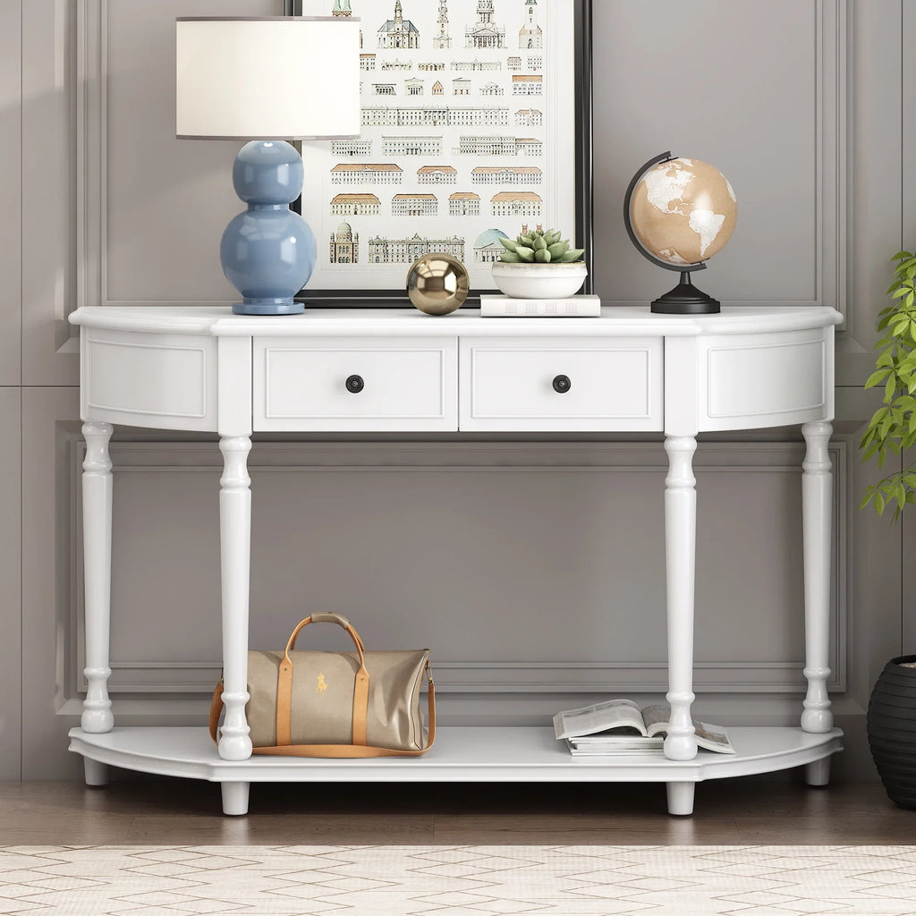 Two OLD Style with Table Legs Retro Solid (White, Frame and SKU: Drawers Console Curved Shelf Design Circular Wooden Top WF298768AAK) Open