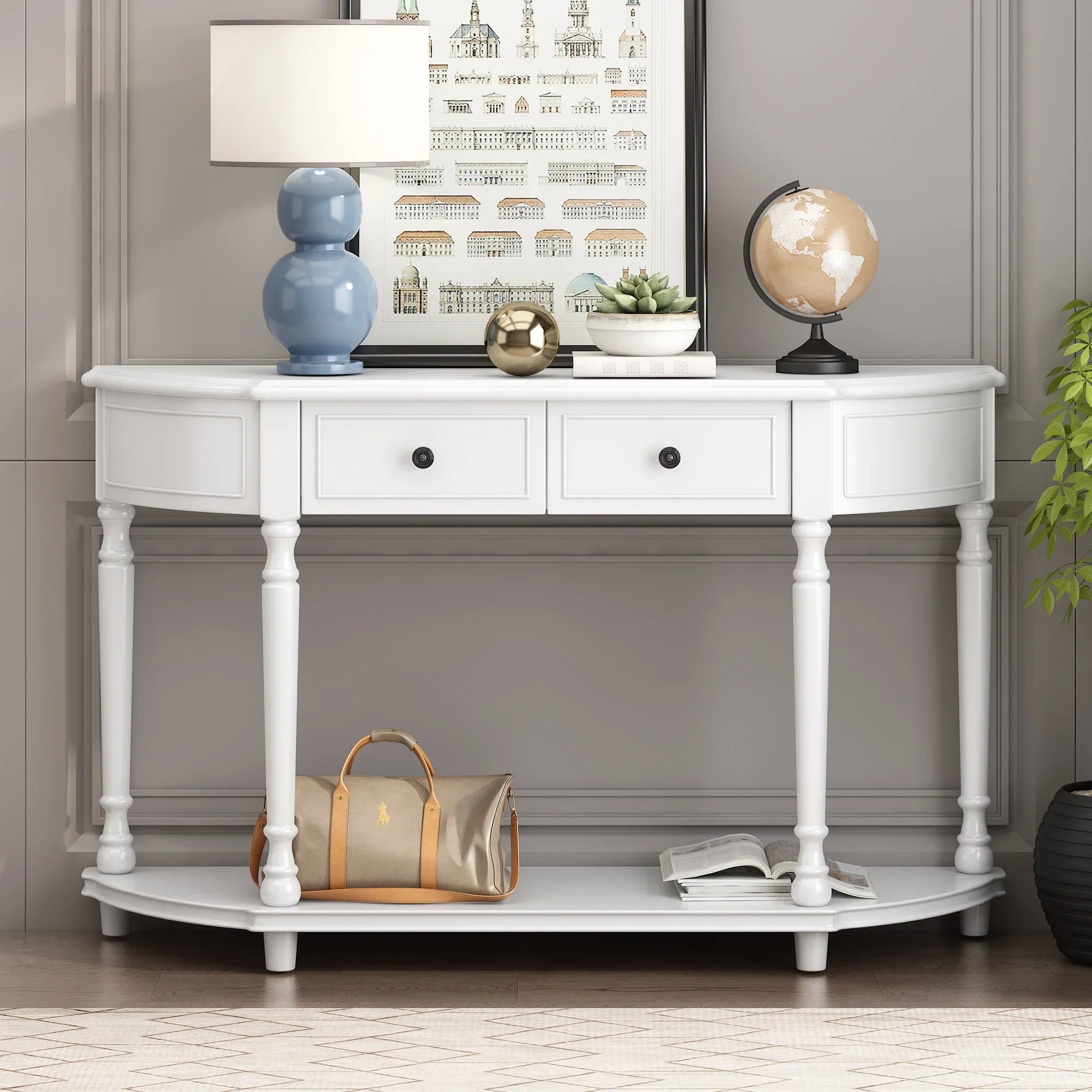 Two OLD Style with Table Legs Retro Solid (White, Frame and SKU: Drawers Console Curved Shelf Design Circular Wooden Top WF298768AAK) Open