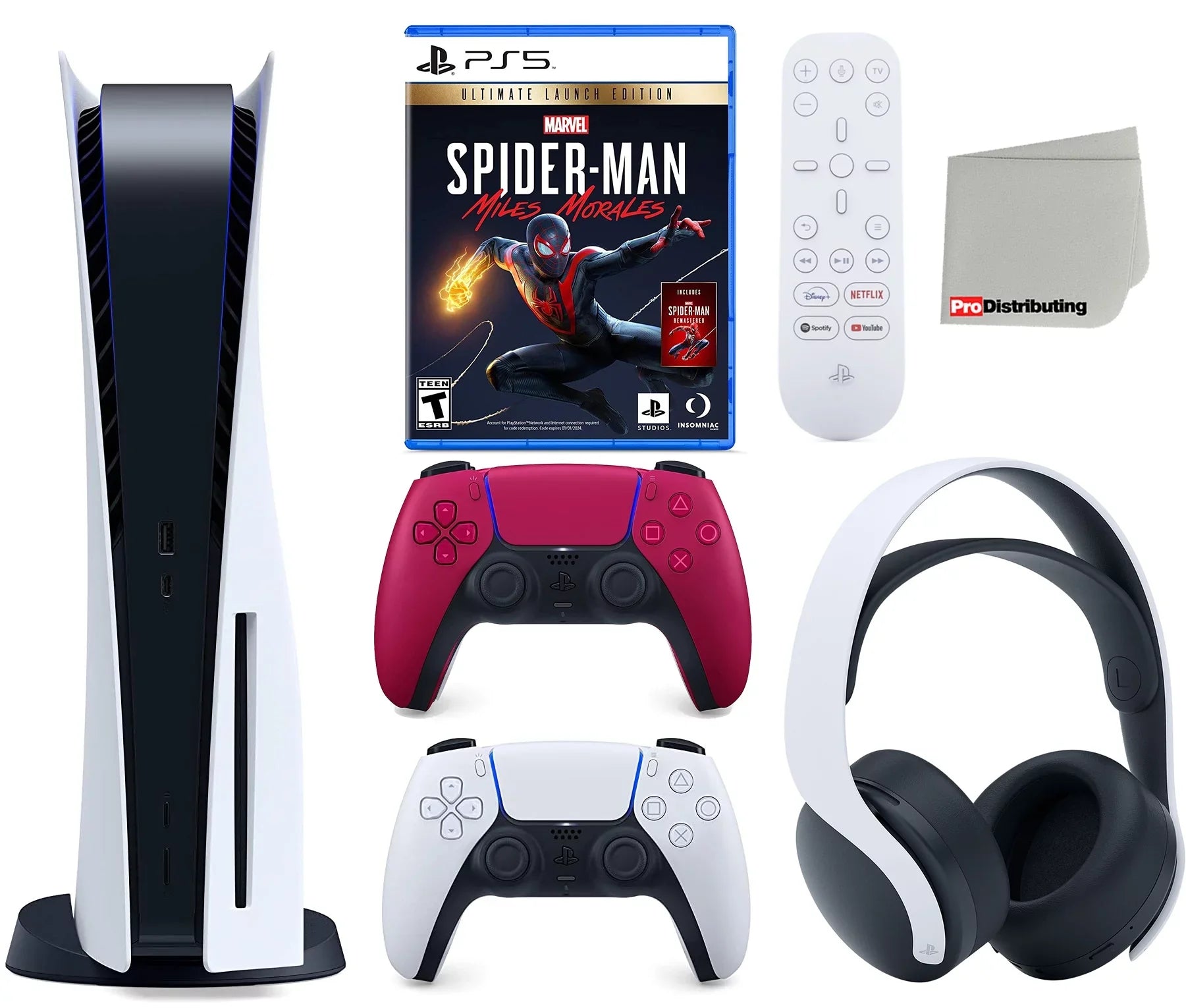 Edition Miles Launch Extra PS5 Disc Playstation Controller, Marvel's 5 Cleaning Spider-Man: Media Ultimate Cosmic with Bundle Disc) Sony Morales Microfiber Remote, Cloth and Red Headset, Version (Sony