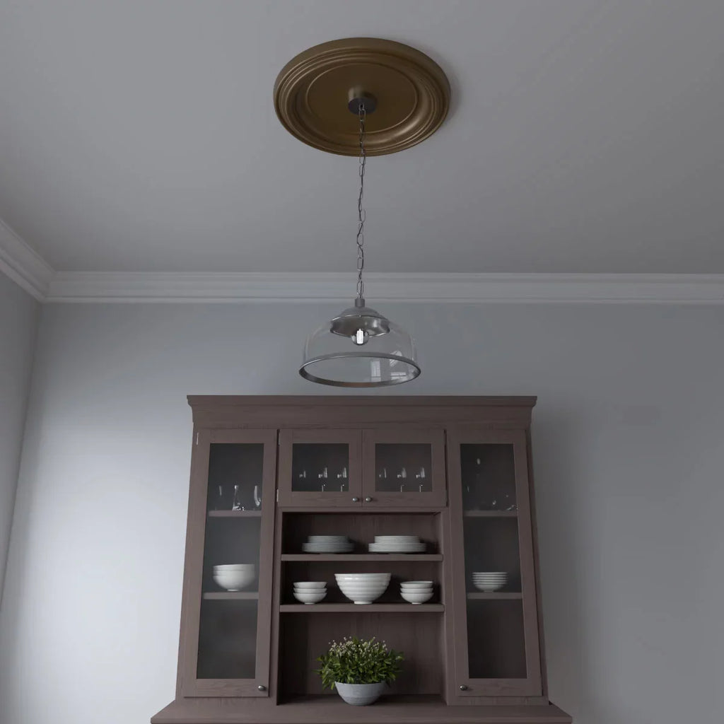 Ekena 3 Rush x Thermoformed to Gold Traditional Canopies (Fits 13 Millwork 1 up 1/2"), 22"OD PVC Medallion Ceiling Metallic 1/2"P x 1/2"ID