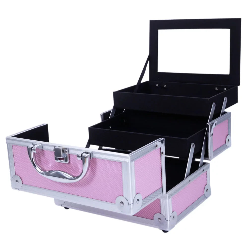 Silver Train Pink Portable Case with Bag Aluminum Mirror Makeup Case Storage Box Zimtown Lock Jewelry