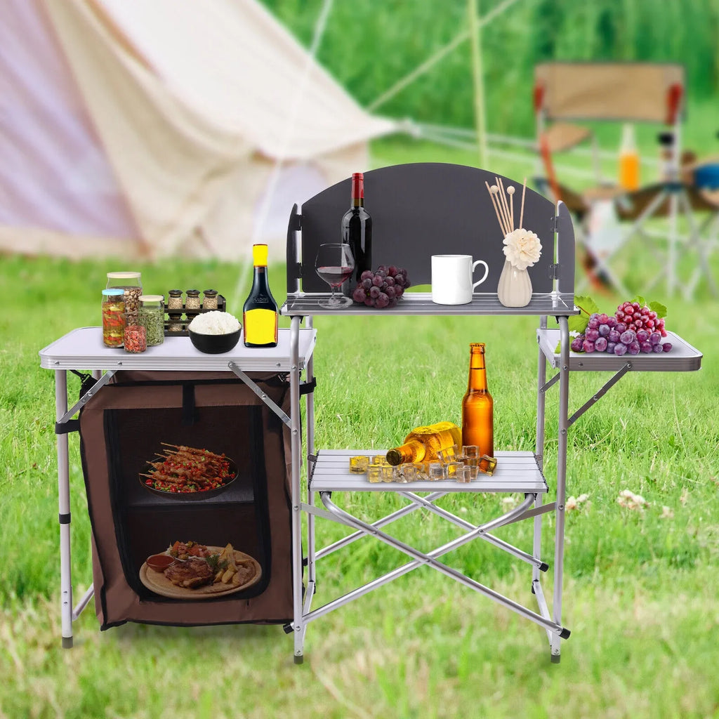 Portable Folding Table Brown Camping Barbecue Station Kitchen DENEST Cover Fabric Rack