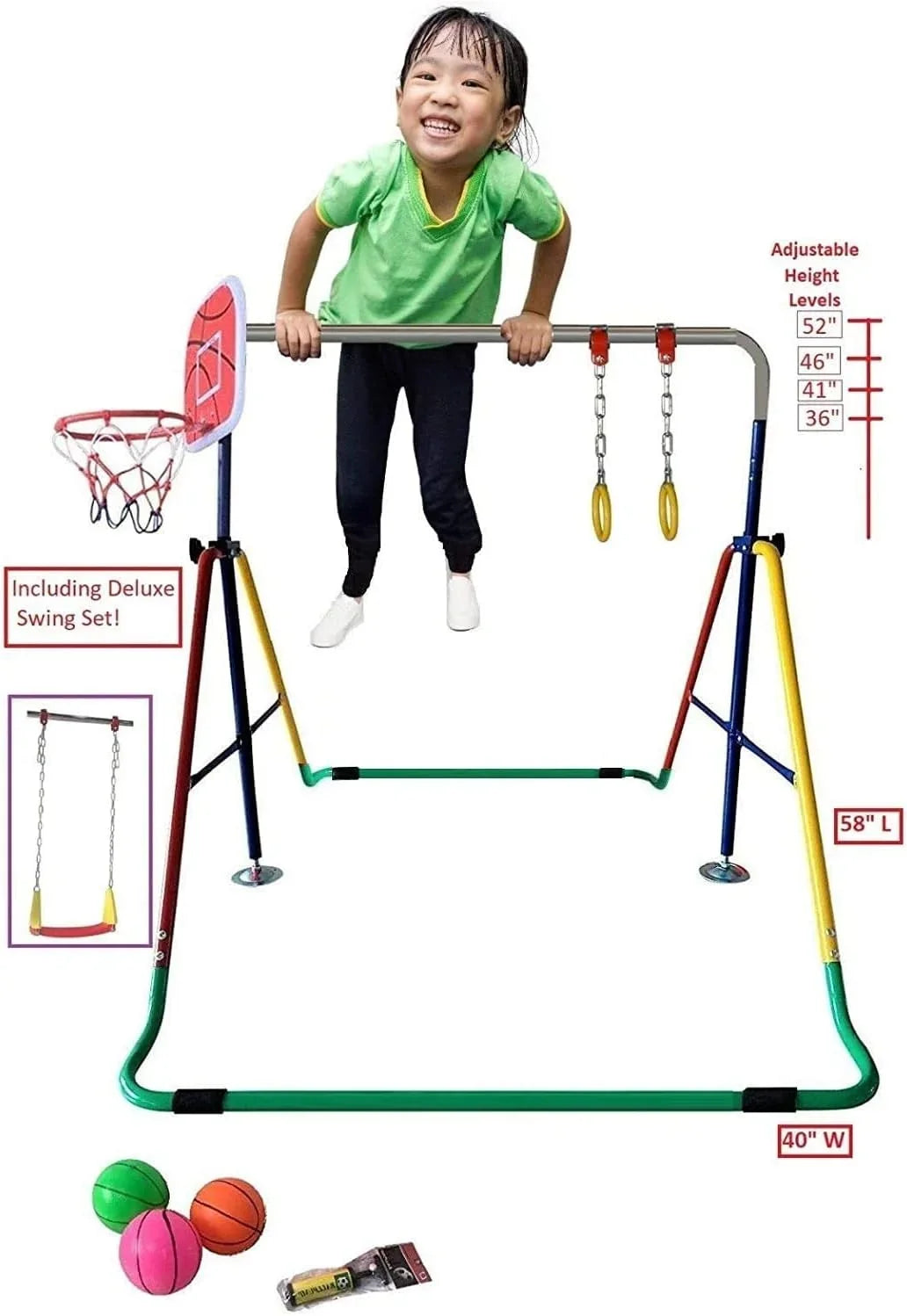 Bar Folding Junior Hoop Gym Bar for 4-in-1 Set Gymnastics Height-Adjustable Training with - Rings, Swing, Basketball Home