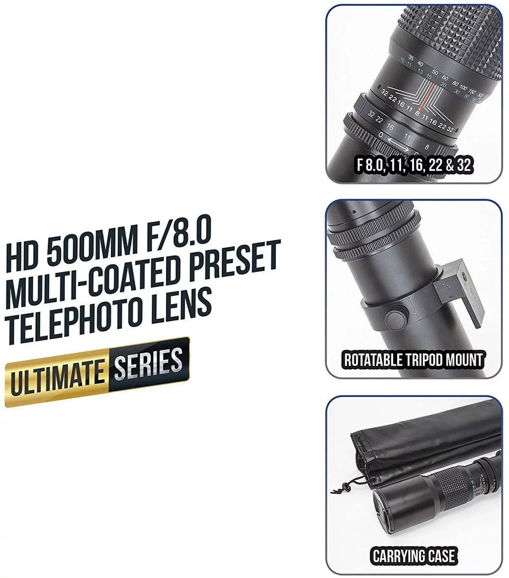 Canon Preset - & Ultimaxx Includes Adapter SLR/DSLR Compatible f/8 500mm Multi-Coated Mount Telephoto EF Cleaning Microfiber T-Mount for Cameras with Cloth Lens