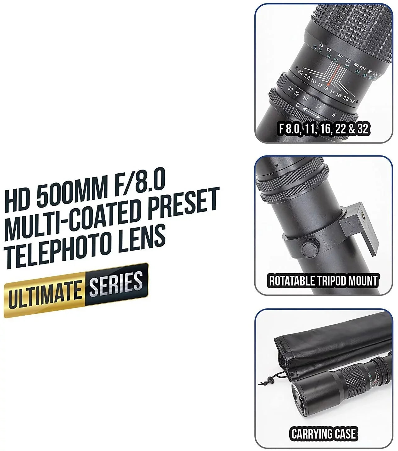 Canon Preset - & Ultimaxx Includes Adapter SLR/DSLR Compatible f/8 500mm Multi-Coated Mount Telephoto EF Cleaning Microfiber T-Mount for Cameras with Cloth Lens