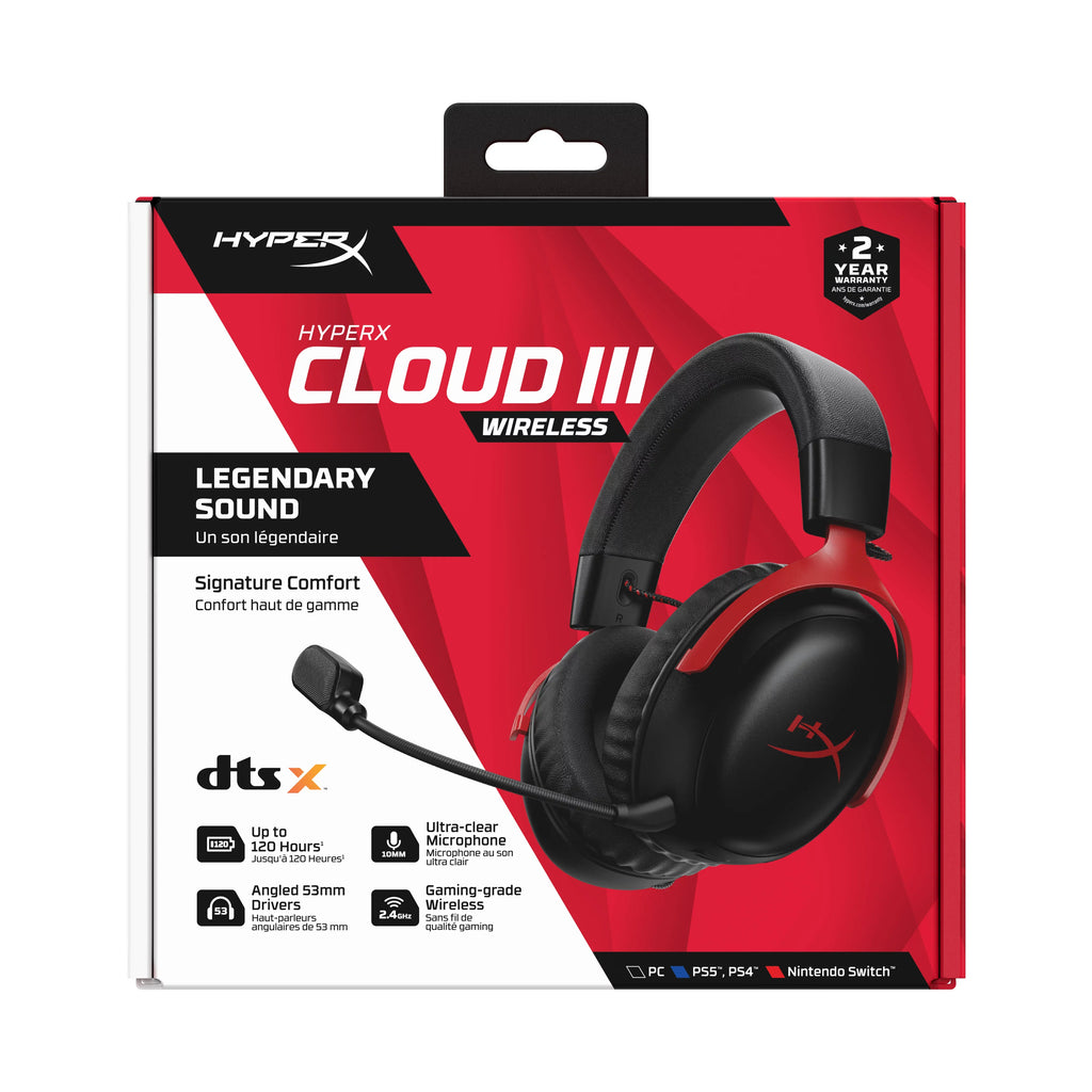 ¨C microphone HyperX 120-hour PS4, up headset Cloud Wireless 10mm to PS5, foam, Black/Red Gaming angled III 53mm Durable Battery, Frame, for Wireless, PC, 2.4GHz Memory ¨C drivers,