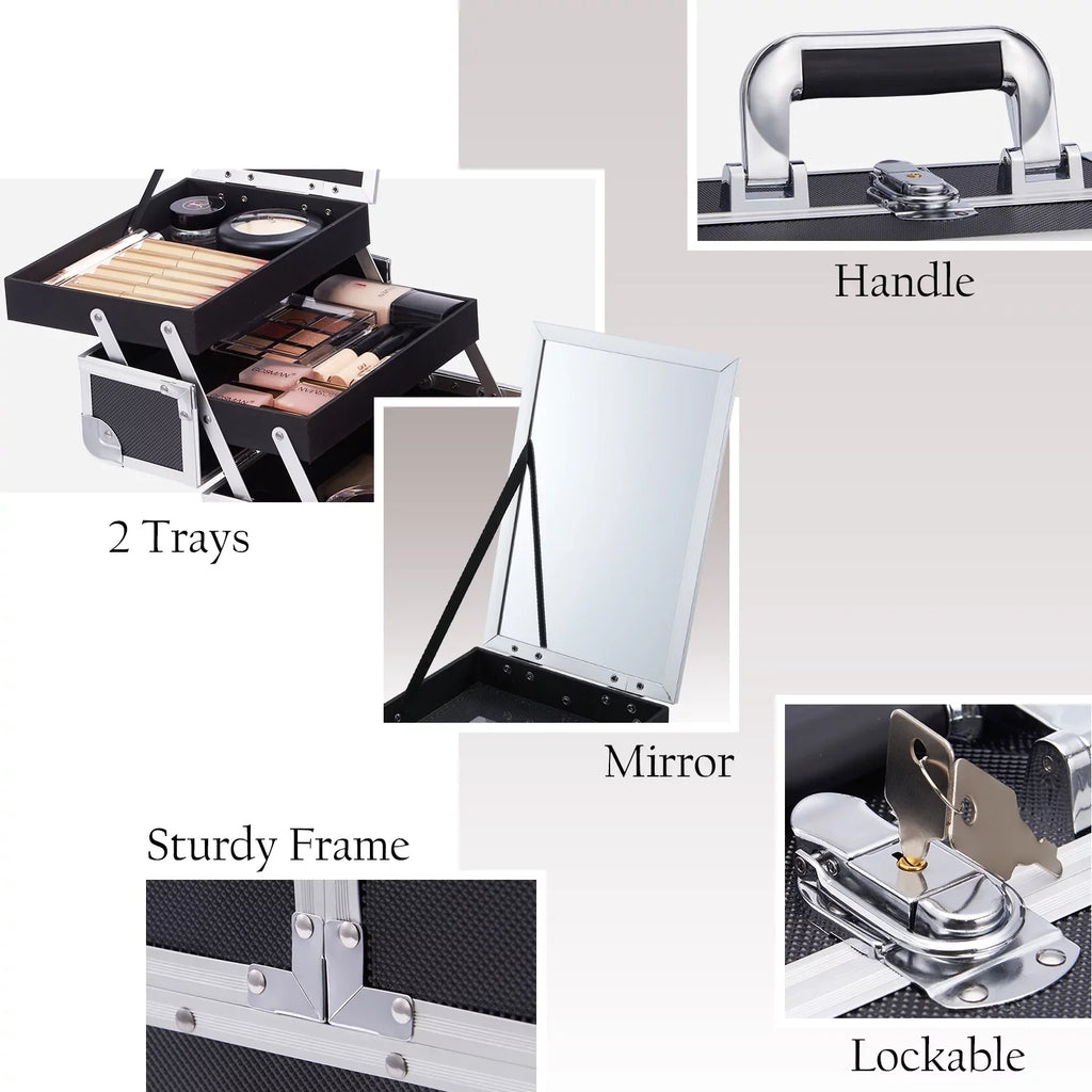 Makeup Box 2 Mirror Storage Lockable Case Joligrace Case Train Makeup Cosmetic Trays Organizer with