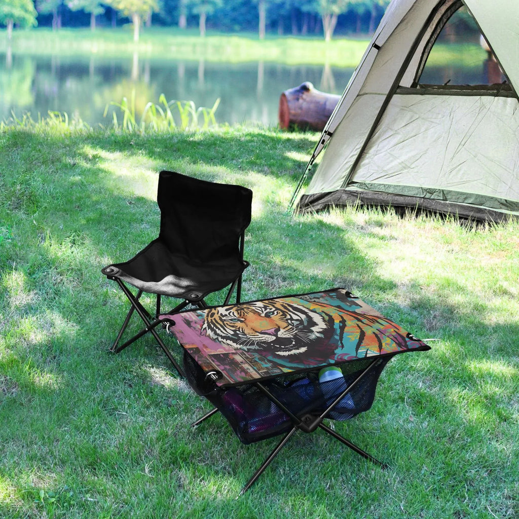 Compact Table Camping Hiking Portable Outdoor Beach Foldable Picnic Fishing Bag Tiger BBQ Table with Table for Storage Abstract