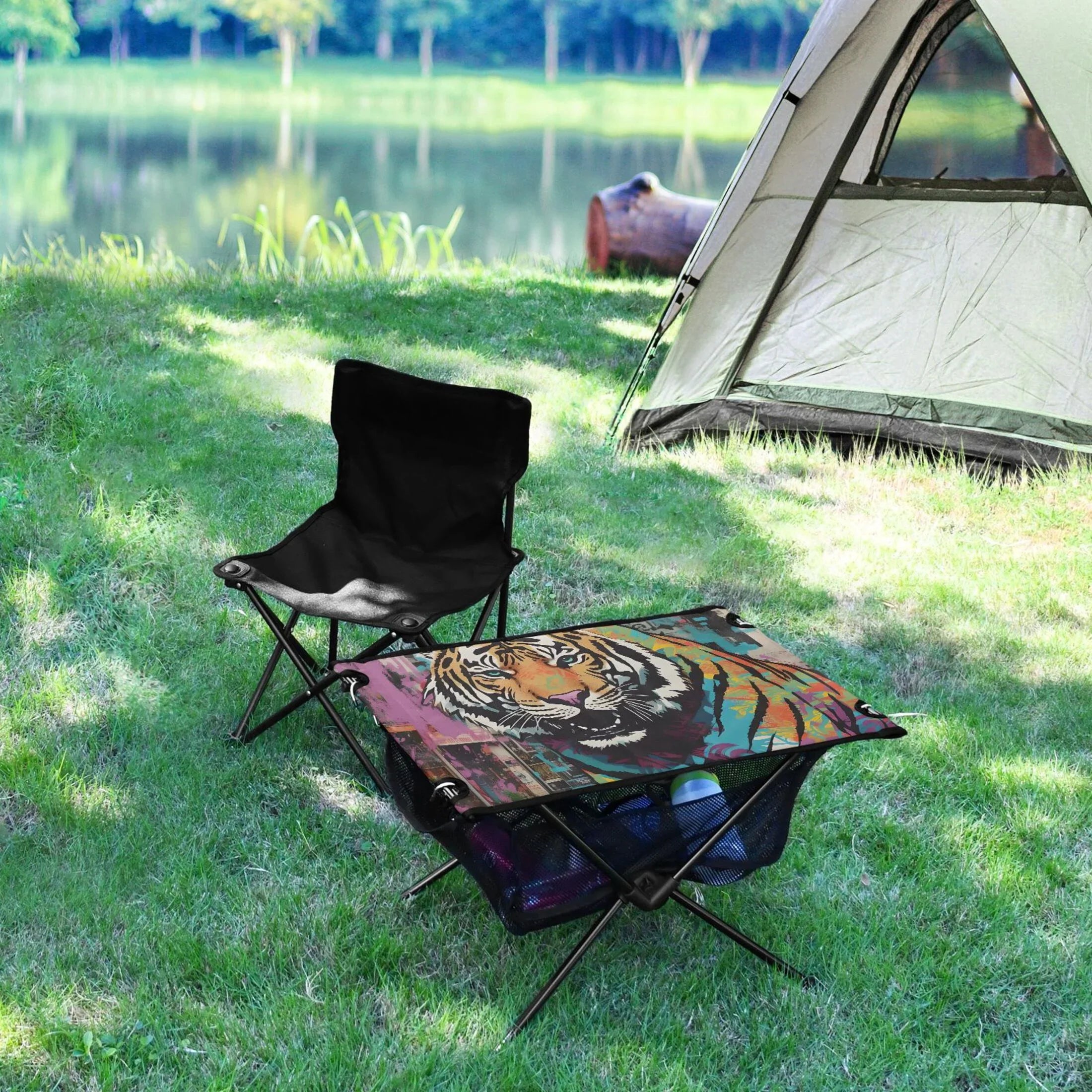 Compact Table Camping Hiking Portable Outdoor Beach Foldable Picnic Fishing Bag Tiger BBQ Table with Table for Storage Abstract