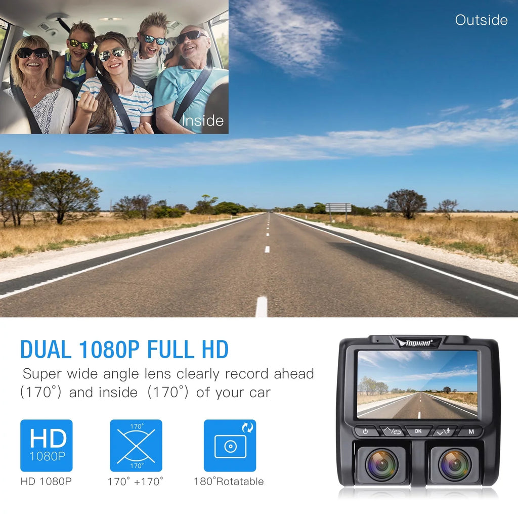 TOGUARD Camera Front Cam Parking LCD Car Inside Dual Loop and Dash 1080P G-Sensor, Vision 3" Screen Recording with Camera Monitor, Night IR Dash