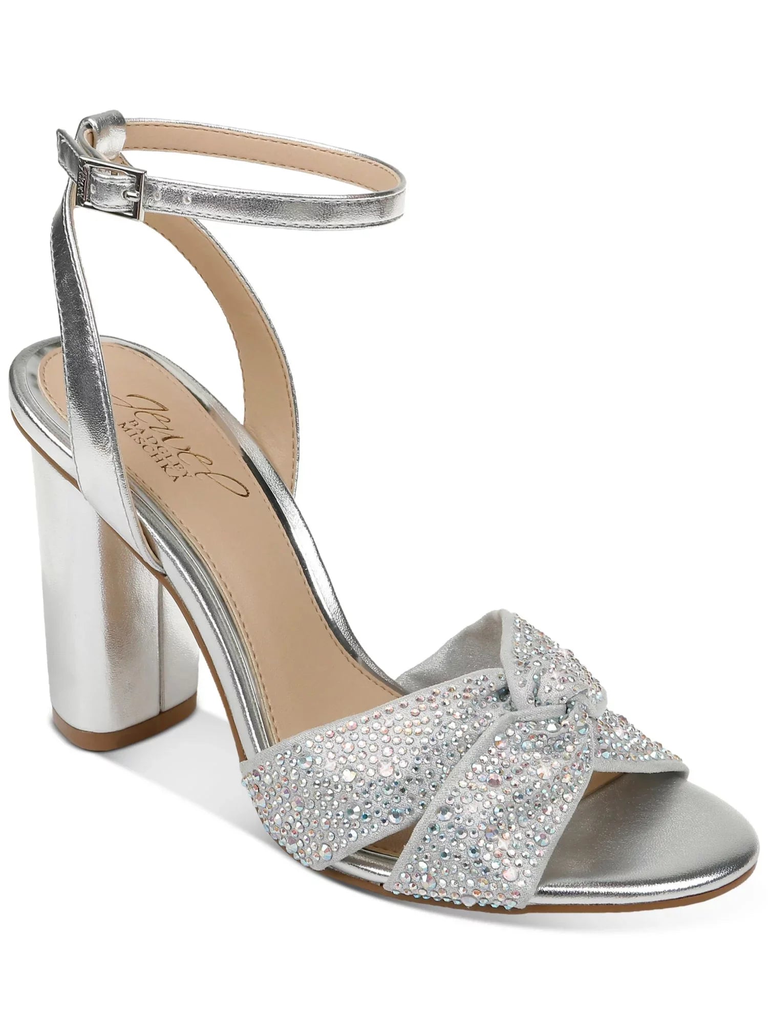 Strap Strap Toe Round M Dress Ankle MISCHKA BADGLEY Buckle Heel Block Nicoline Rhinestone Adjustable Metallic Sandal Womens Heeled Twisted Padded JEWEL 7.5 Silver Strap