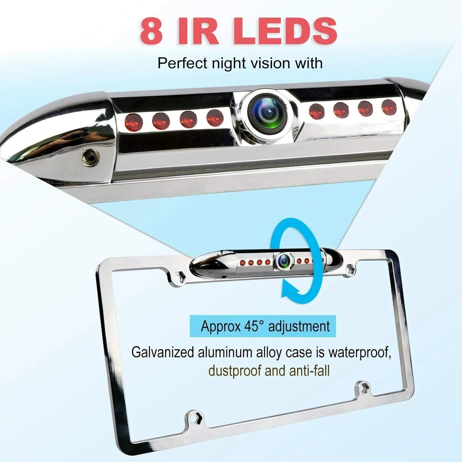 Camera Absolute 170¡ã with Car Front Frame Angle Universal 8 Security Vehicle Bright Night Vision Waterproof License Front CAM2100S Camera Assist LEDs Chrome View Camera Plate Viewing