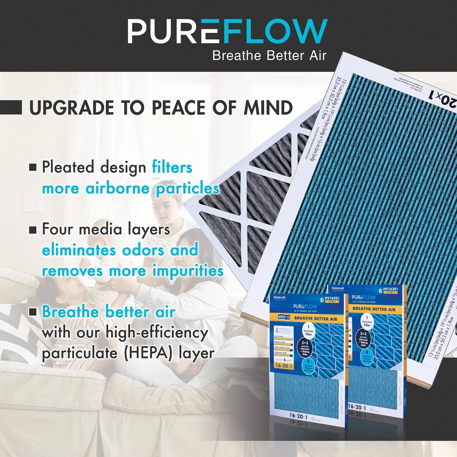 Layers Advanced of Filter Home Filtration with Pack-of-2 MERV-13 PureFlow, 4 Technology, Furnace Air 20x25x4,