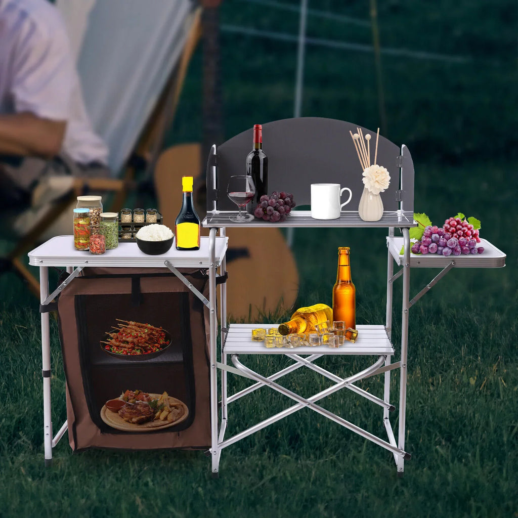 Portable Folding Table Brown Camping Barbecue Station Kitchen DENEST Cover Fabric Rack