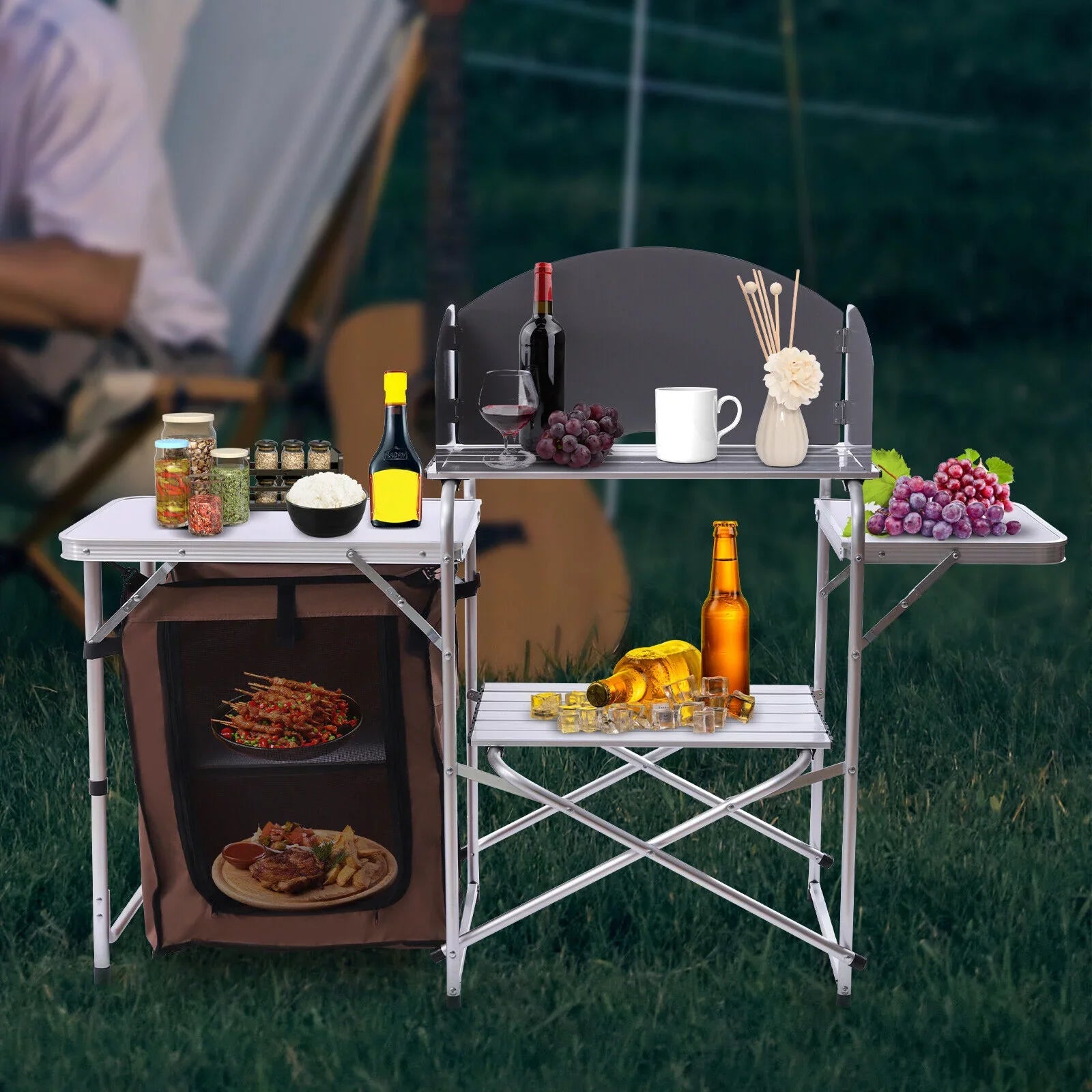 Portable Folding Table Brown Camping Barbecue Station Kitchen DENEST Cover Fabric Rack