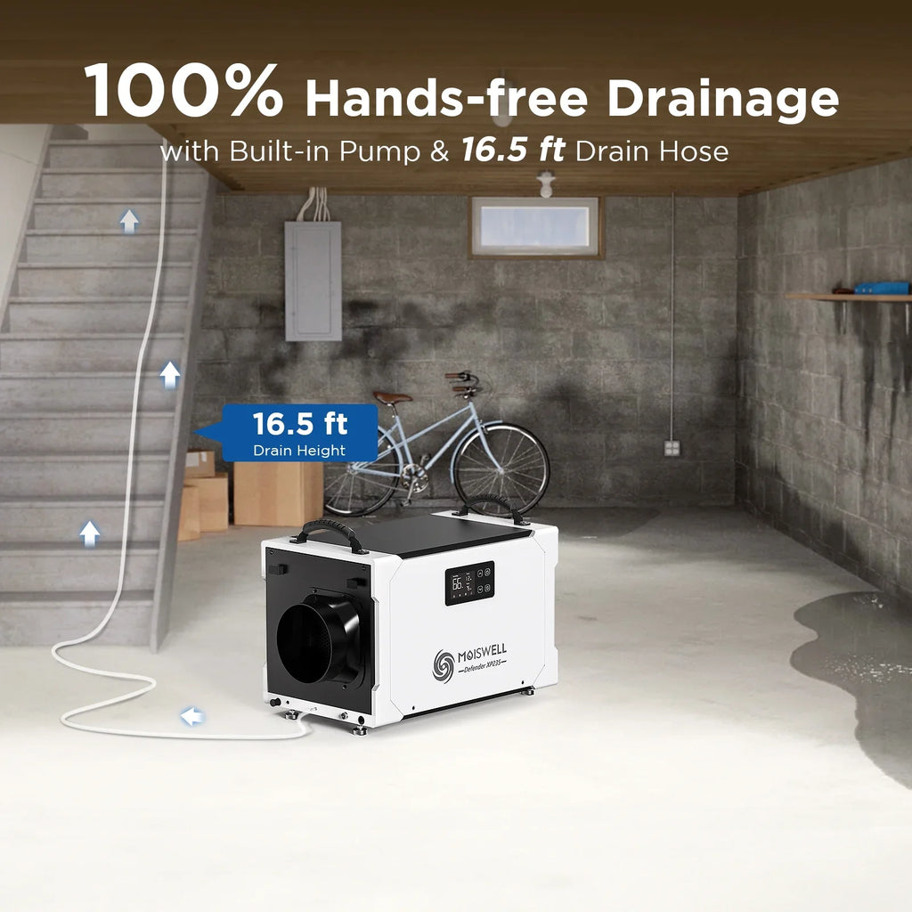 Drain Basements, Areas, Dehumidifier - Pump Moiswell Pints Perfect for Job 5-Year Commercial and Hose, Efficient Warranty Included Industrial Spaces, Sites - 235 and Crawl
