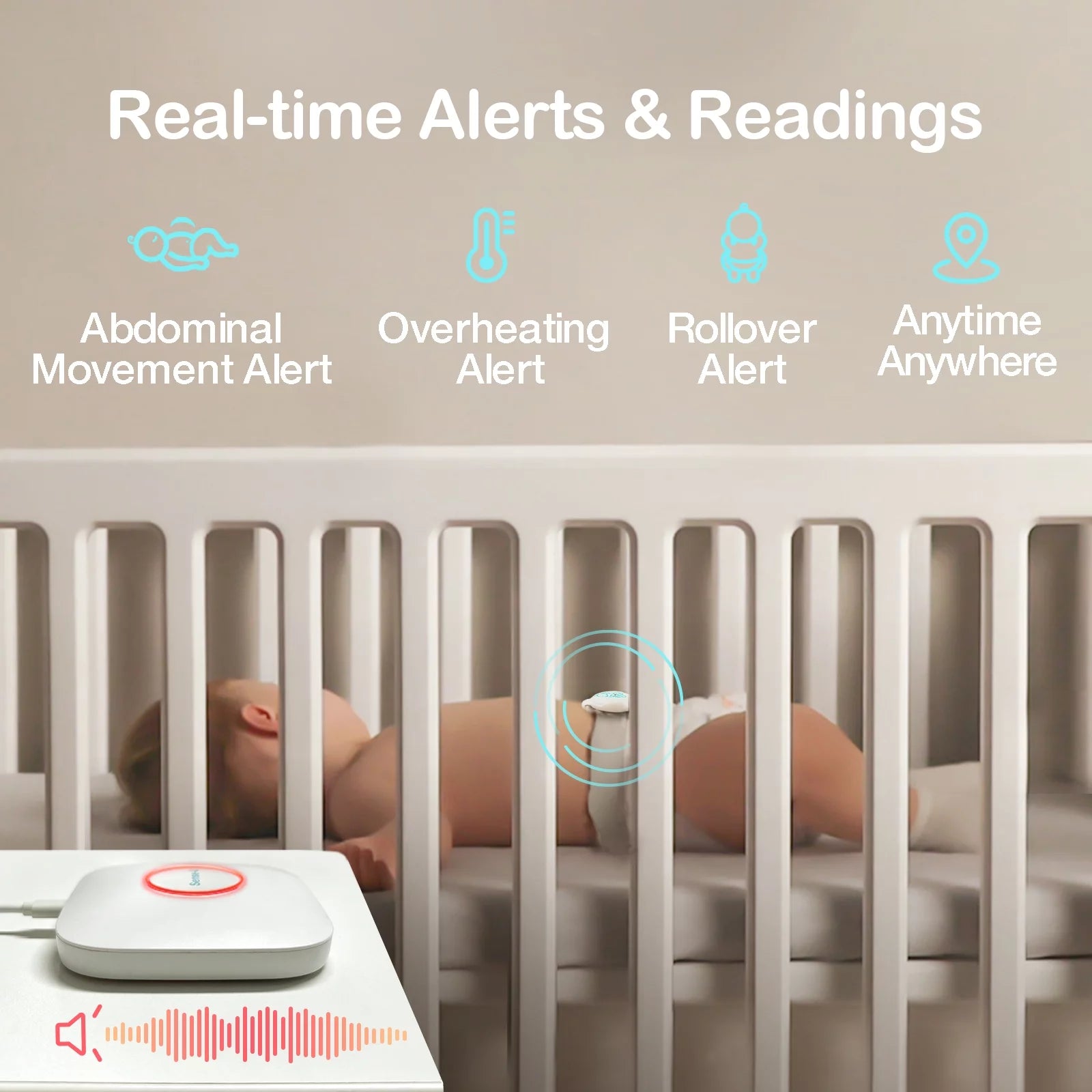Smart Sense-U Movement and - Anytime, Movement, Green Monitor Sleeping Anywhere, - Smartphone and Baby's Station Temperature, on Abdominal Baby Rollover, Tracks Abdominal Base Position Humidity