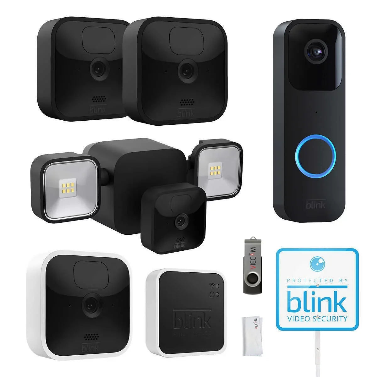 '+ Drive USB & VIECAM 3 Floodlight Cleaning Outdoor Cameras, Doorbell Mount, Blink_Outdoor Home Bundle, 1 1 Video Whole & 32GB Indoor Cloth