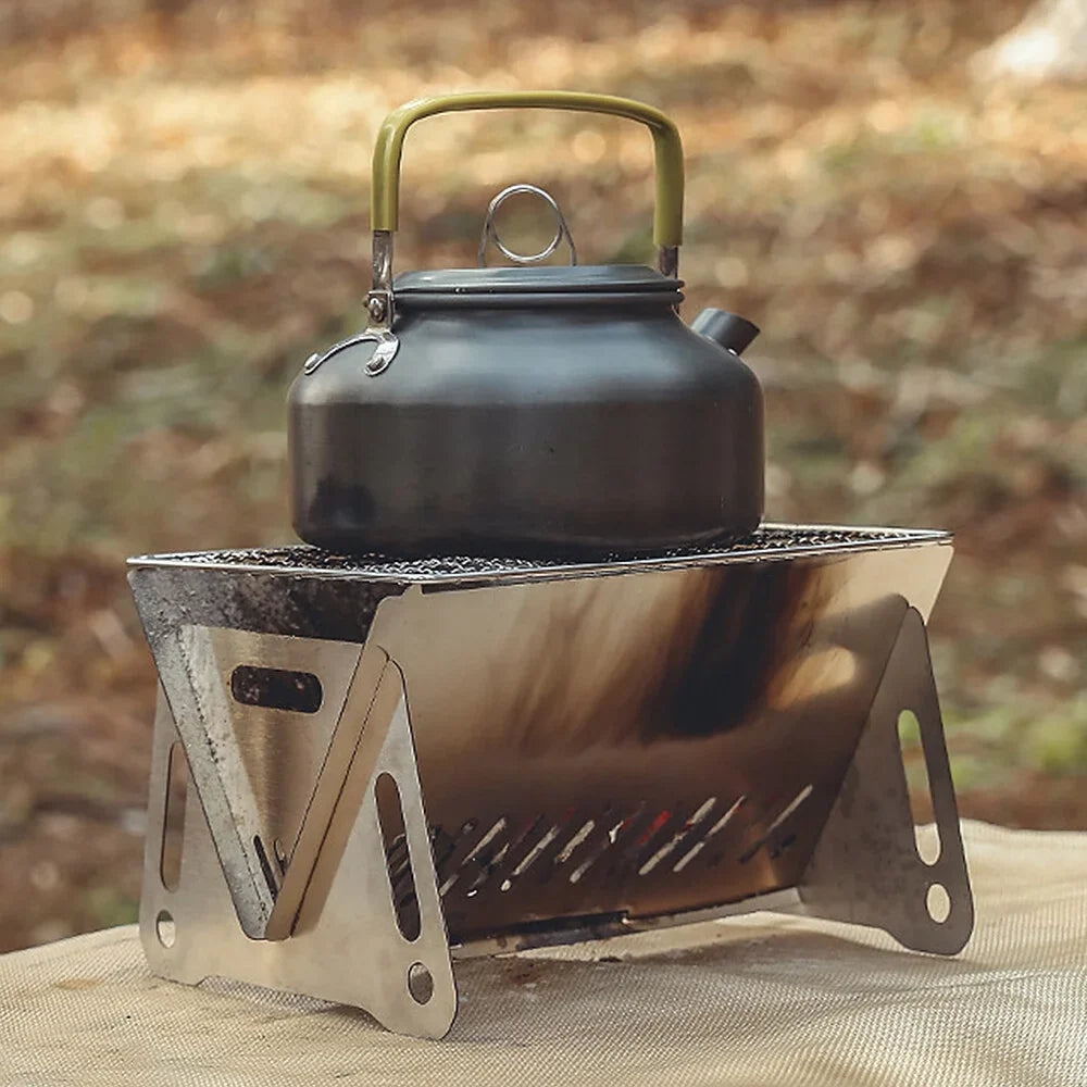 Camping Stove with Outdoor Folding Portable Grill Cooking Steel Burning Wood Backpacking Stainless Stove Plate
