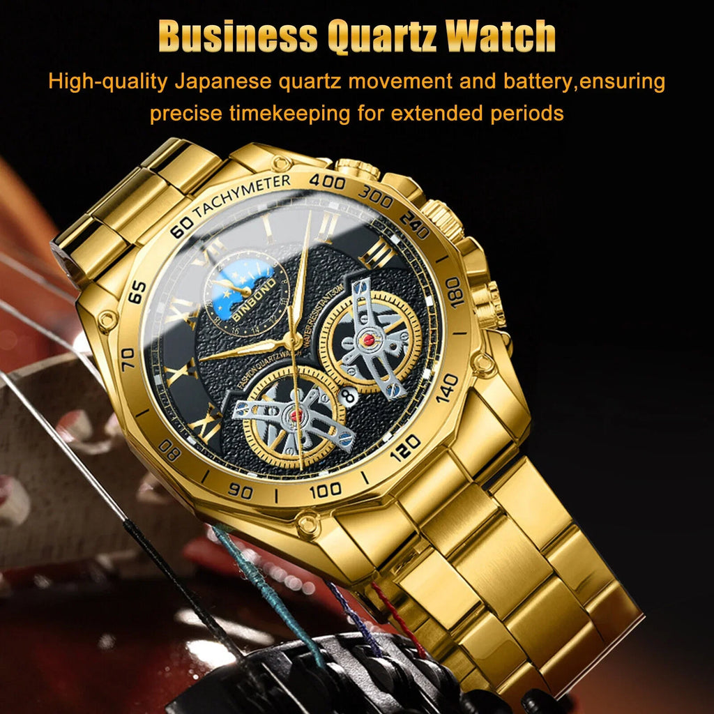 Quartz Gold Business Luxury Men's Analog Steel Watch Stainless Gift Waterproof