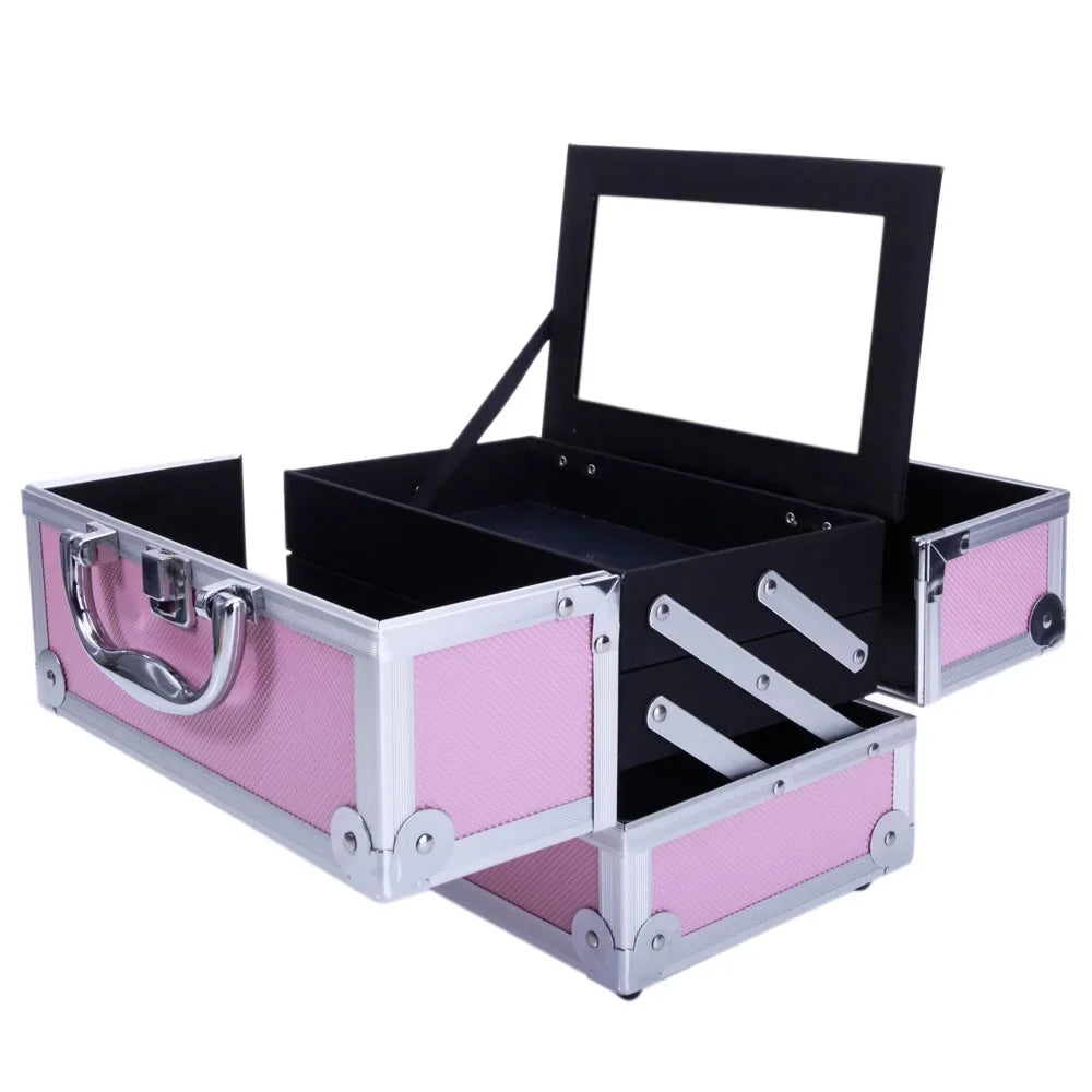 Silver Train Pink Portable Case with Bag Aluminum Mirror Makeup Case Storage Box Zimtown Lock Jewelry