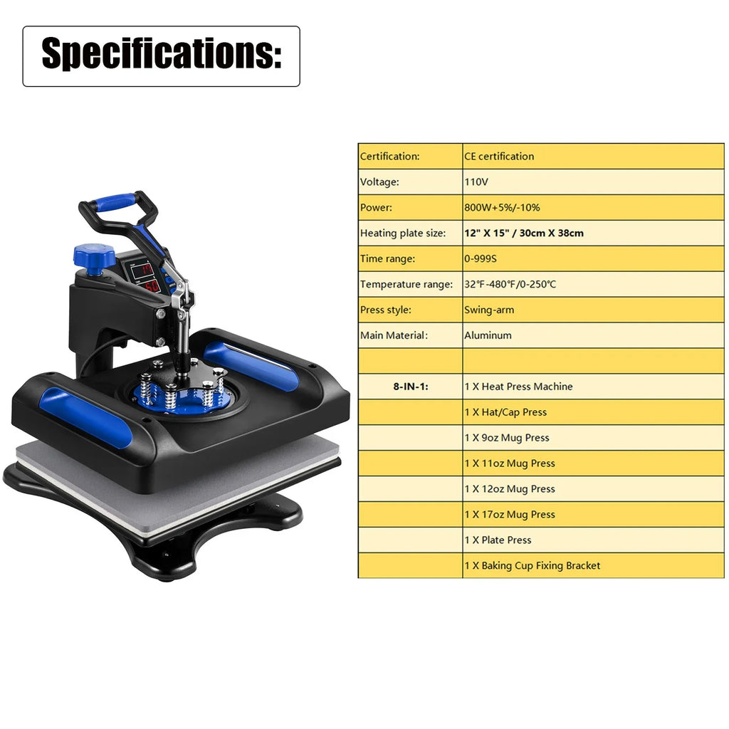 15 x Banner Printer, Pillow, T-Shirts, 1, Canvas Printer Away LCD Blue 12 Transfer Inches in Sublimation 360 Bag, 8 Digital for Control Swing Transfer Vinyl Printing, Precise Heat Press Machine