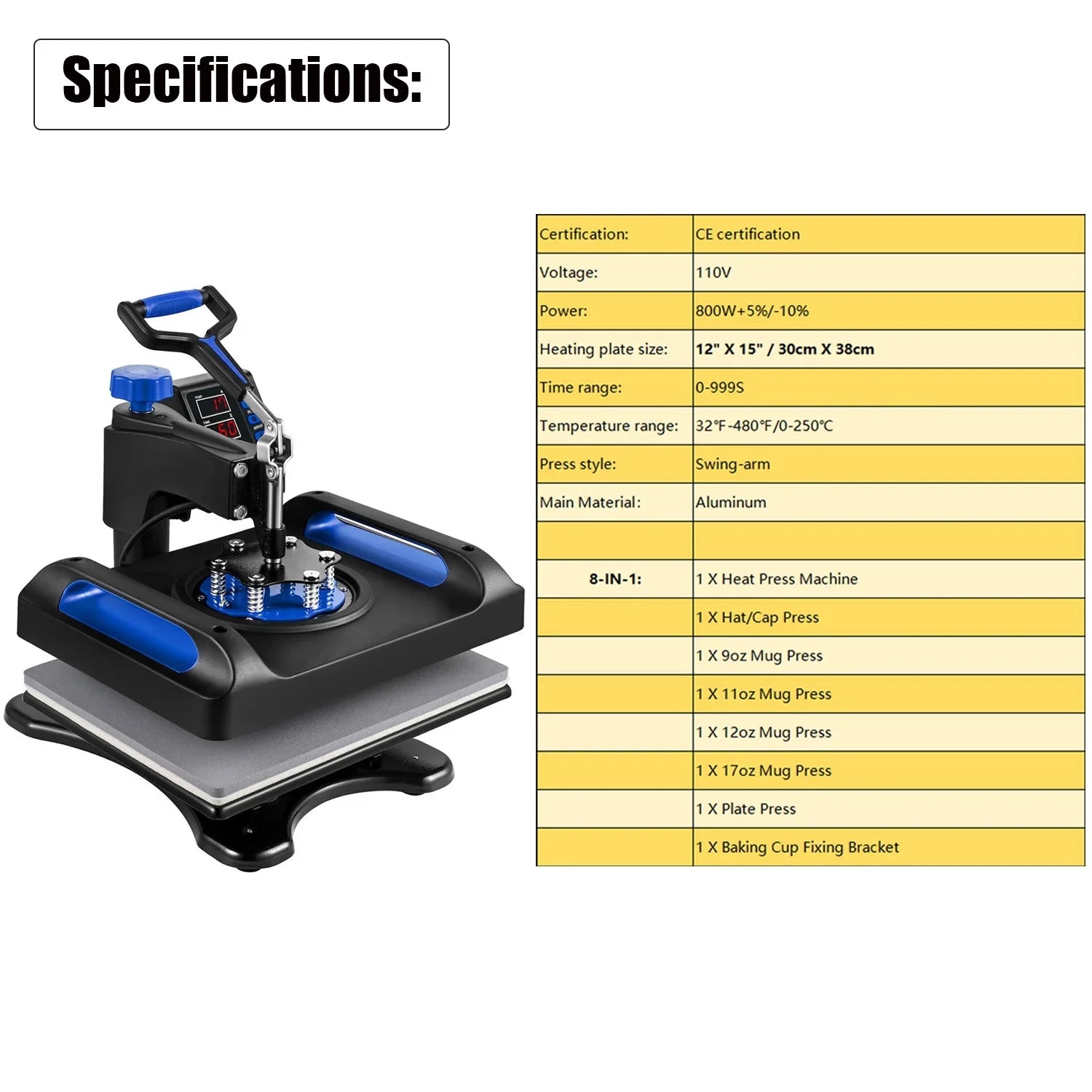 15 x Banner Printer, Pillow, T-Shirts, 1, Canvas Printer Away LCD Blue 12 Transfer Inches in Sublimation 360 Bag, 8 Digital for Control Swing Transfer Vinyl Printing, Precise Heat Press Machine
