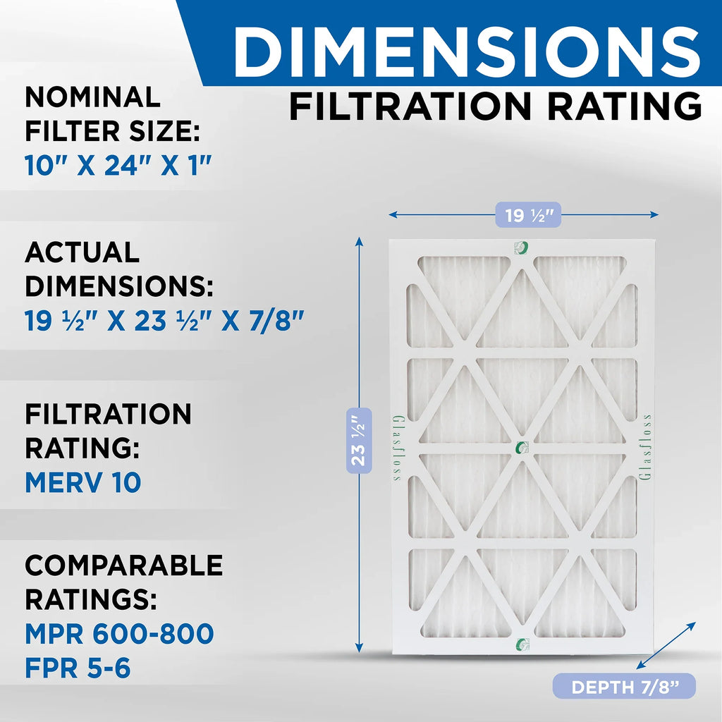 12 Pleated Air Filters 9-1/2 Pack 7/8 MERV Size: by Glasfloss. x Actual 23-1/2 10 x 10x24x1 of