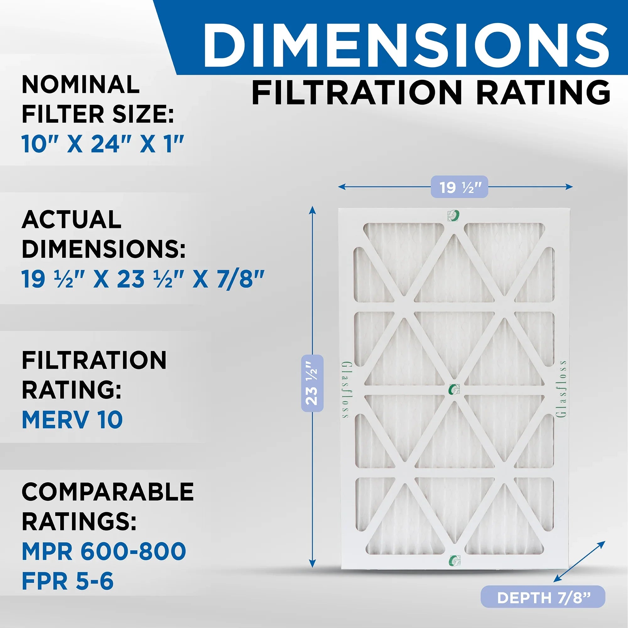 12 Pleated Air Filters 9-1/2 Pack 7/8 MERV Size: by Glasfloss. x Actual 23-1/2 10 x 10x24x1 of