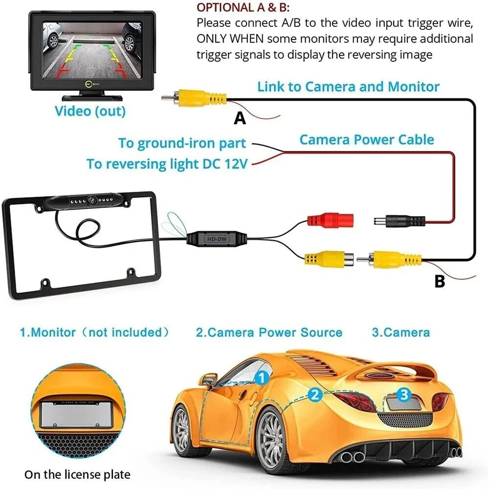 License Kit LED 8 Universal Rear Reverse Backup Plate View HD Camera Waterproof