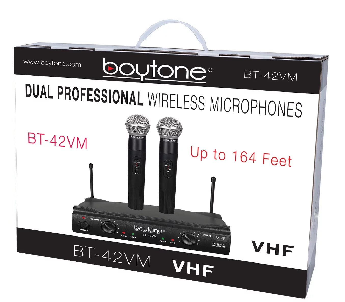 System - Dual Boytone Dynamic Wireless Fixed Church, Mics, Microphone BT-42VM Wireless Receiver, DJ, Conference, VHF Mic Frequency Channel for Transmitter Karaoke, Dual Handheld Cases Carrying 2