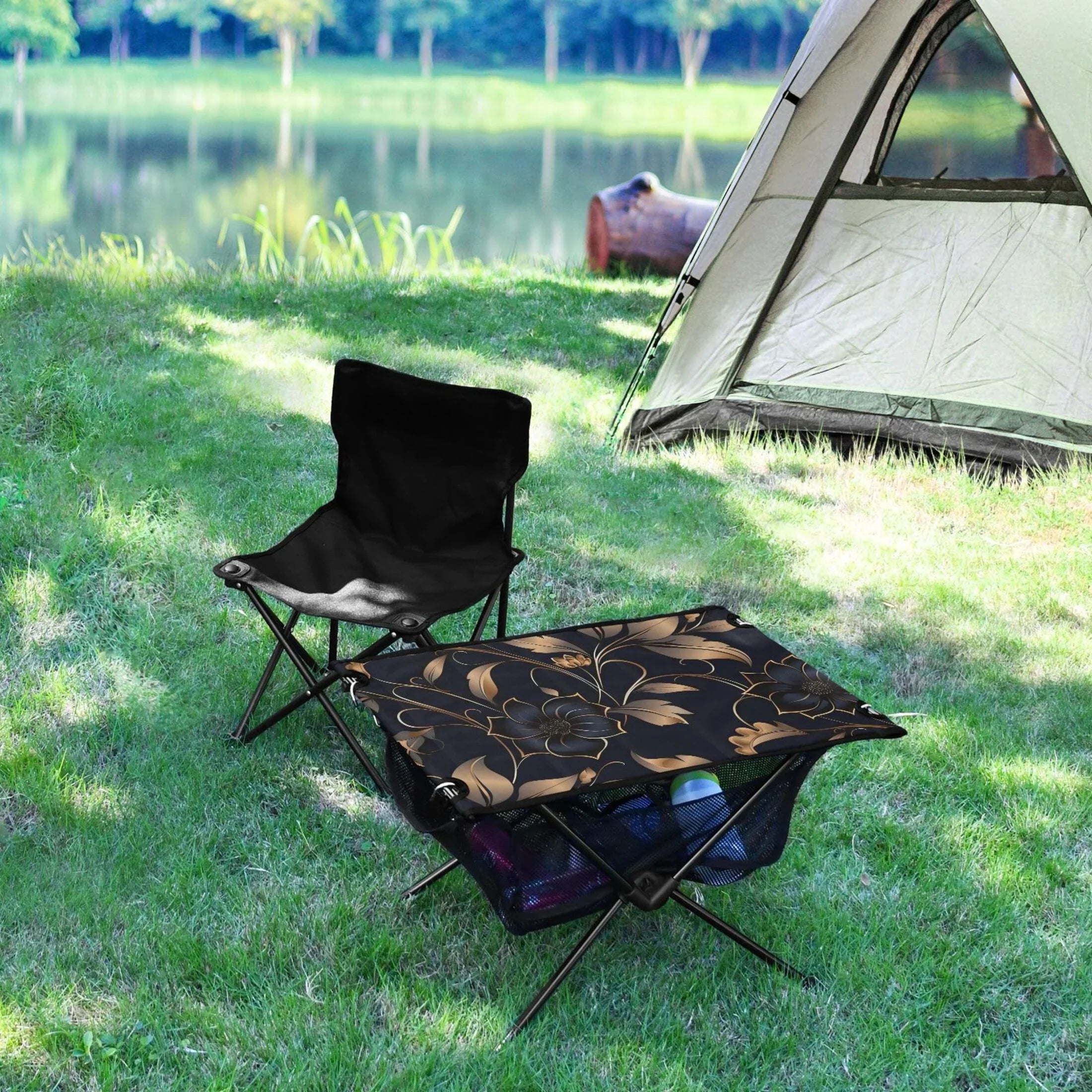 Beach Outdoor Flower Table Travel Bag Storage Fishing Table Camping for Picnic Table with Compact BBQ on Portable Folding Black