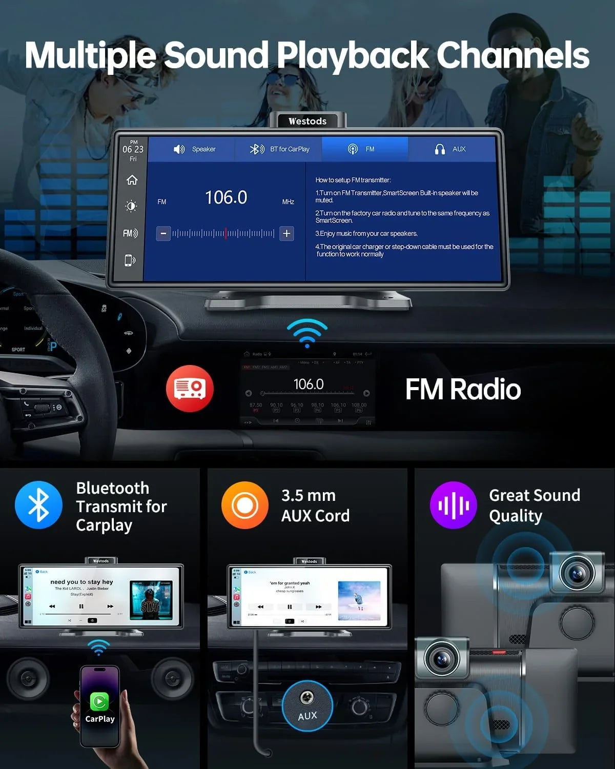 Carplay Auto Car Wireless Touchscreen, Portable IPS Dash Camera, Cam Backup Adjustable & 2.5K & Android Radio Bluetooth, Navigation, 1080P Mount, CAIHONG with GPS Stereo, Screen Detachable & HD 10.26"