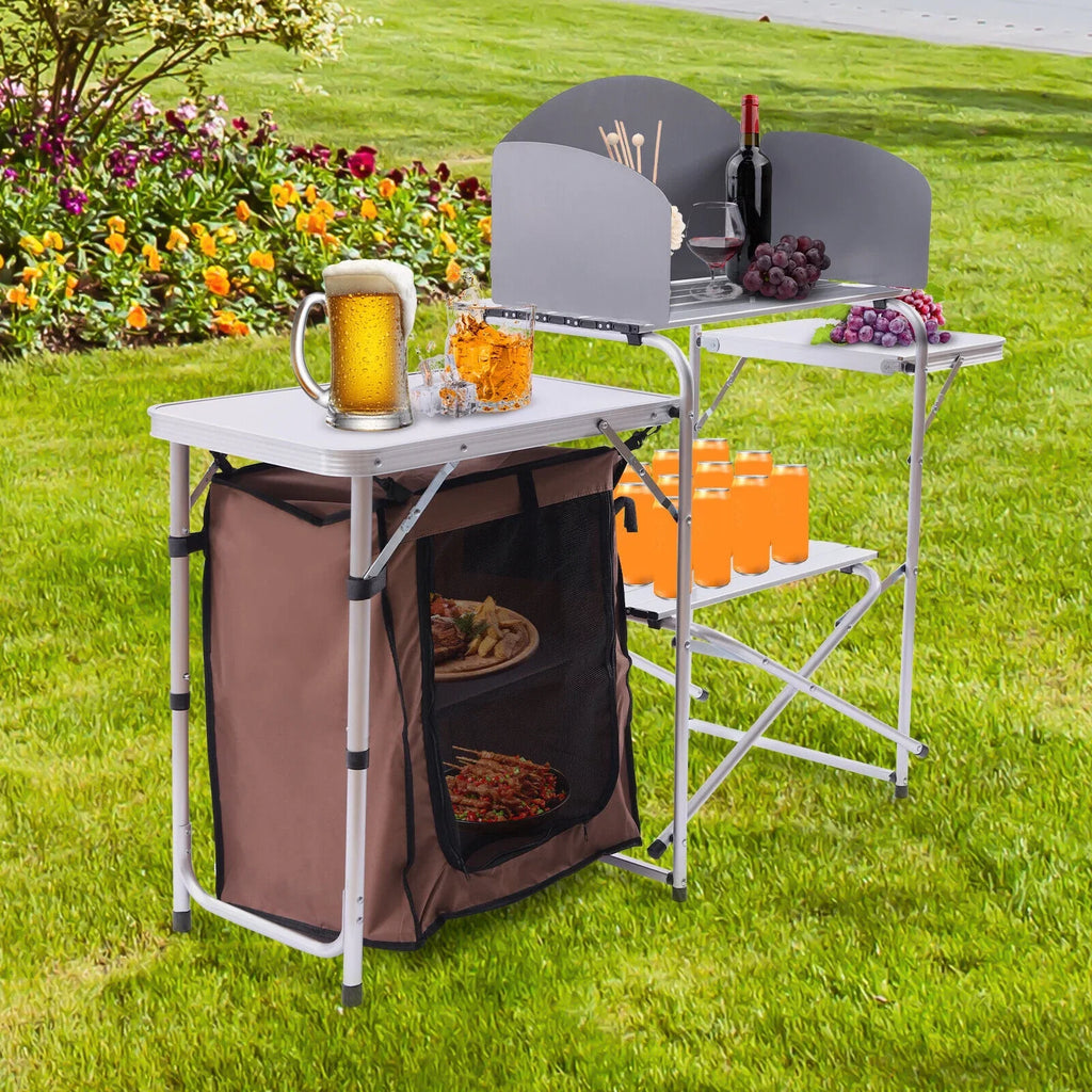 Portable Folding Table Brown Camping Barbecue Station Kitchen DENEST Cover Fabric Rack