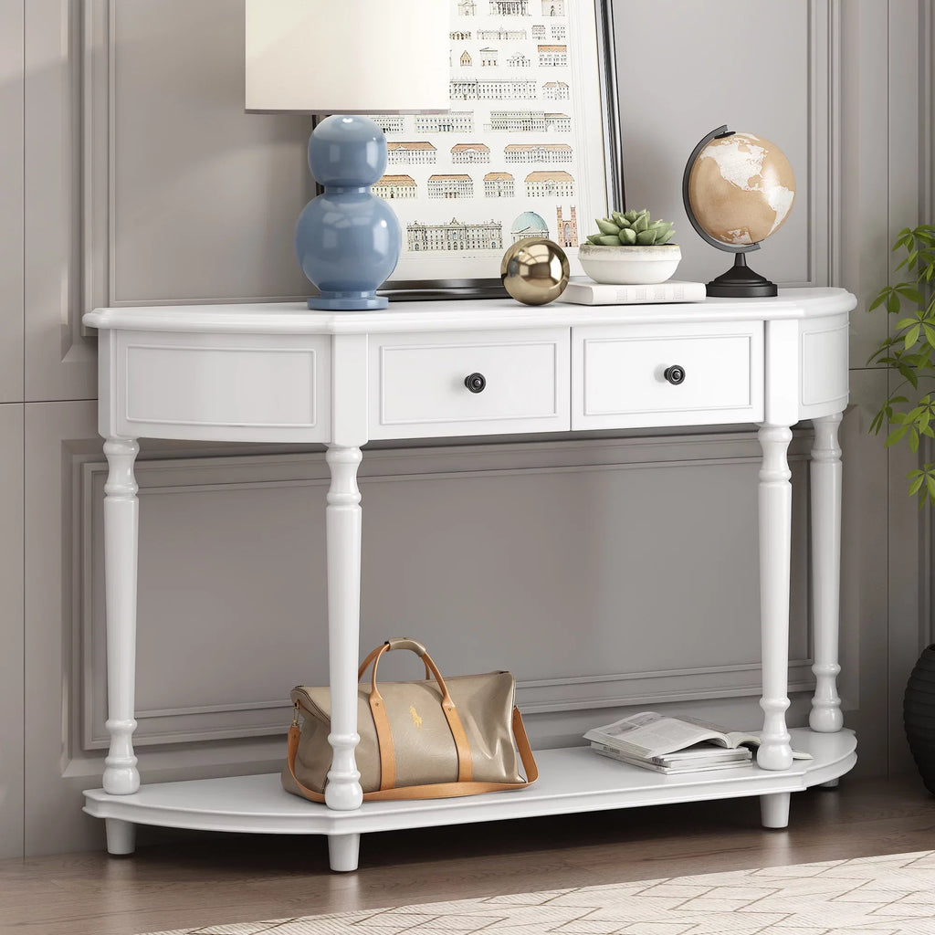 Two OLD Style with Table Legs Retro Solid (White, Frame and SKU: Drawers Console Curved Shelf Design Circular Wooden Top WF298768AAK) Open