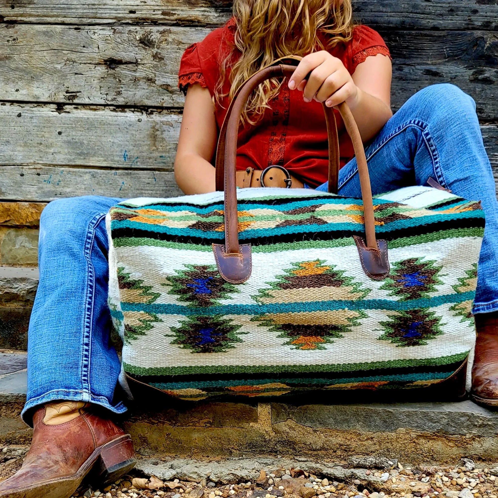 Blanket Bag Handles Aztec Bag Duffel Aspen Weekender Large Saddle 100% Leather Southwestern Boho