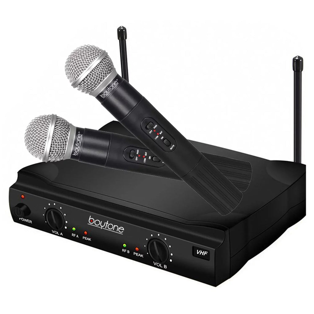 System - Dual Boytone Dynamic Wireless Fixed Church, Mics, Microphone BT-42VM Wireless Receiver, DJ, Conference, VHF Mic Frequency Channel for Transmitter Karaoke, Dual Handheld Cases Carrying 2