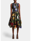 Flare OSCAR Floral + Dress Handkerchief Fit Sheer Belted RENTA Sleeveless Round Hem Black Zippered Womens Midi Neck DE LA 8 Lined