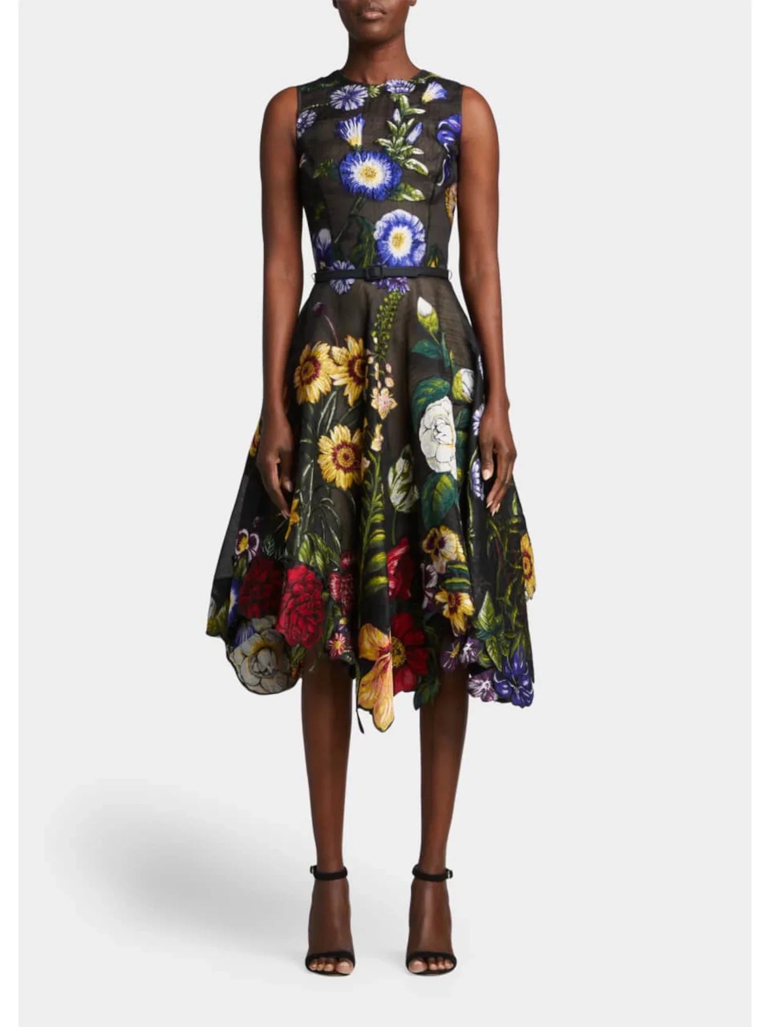 Flare OSCAR Floral + Dress Handkerchief Fit Sheer Belted RENTA Sleeveless Round Hem Black Zippered Womens Midi Neck DE LA 8 Lined