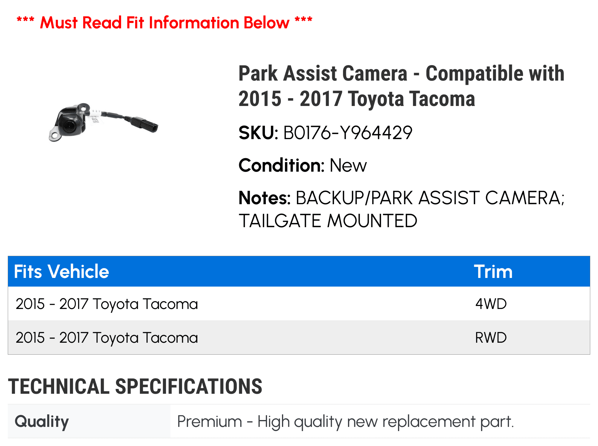 2017 Tacoma Compatible - Park Camera with 2015 Toyota - Assist 2016