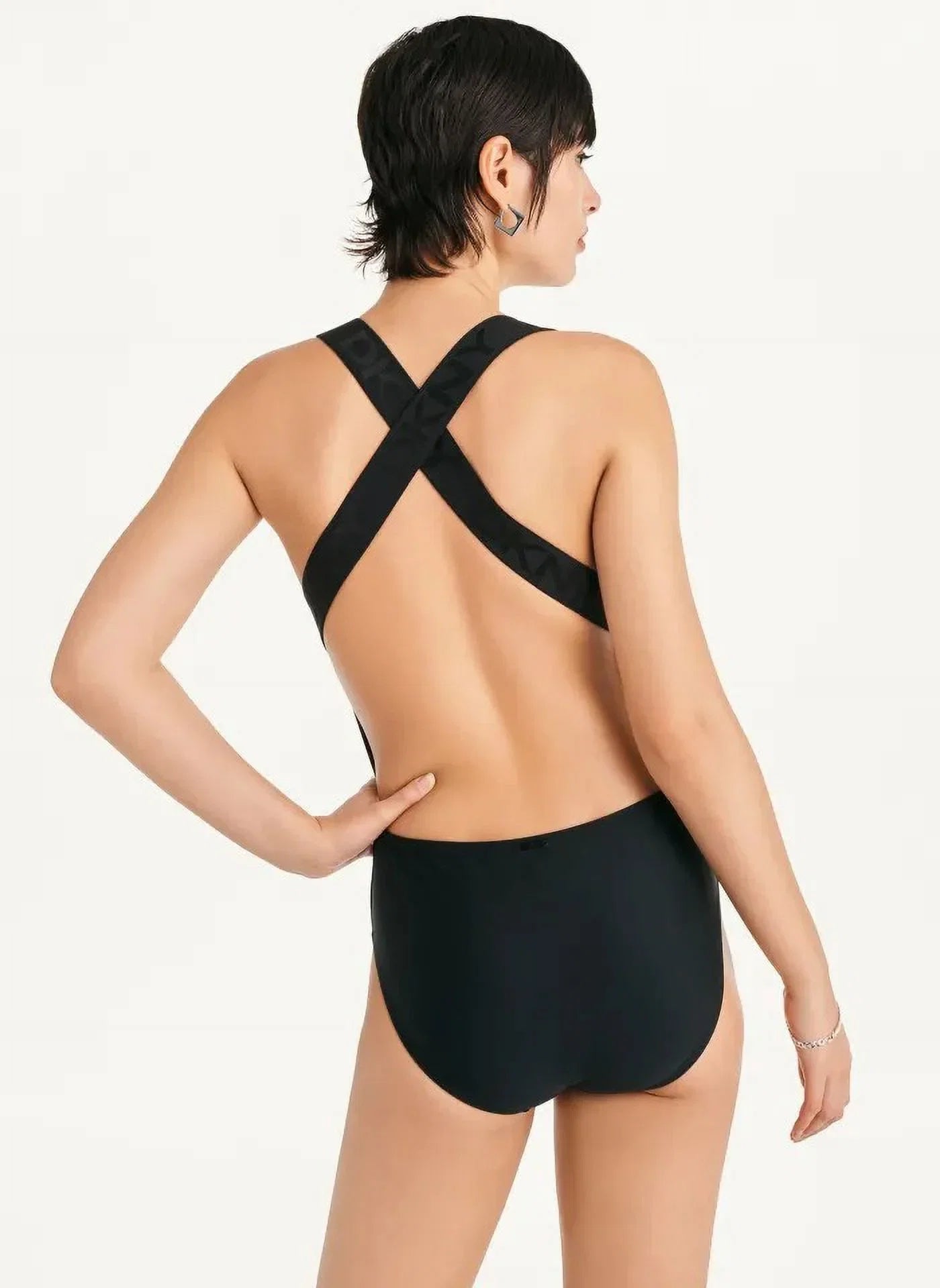 Cross-Back Swimsuit, Medium Logo BLACK DKNY One-Piece US