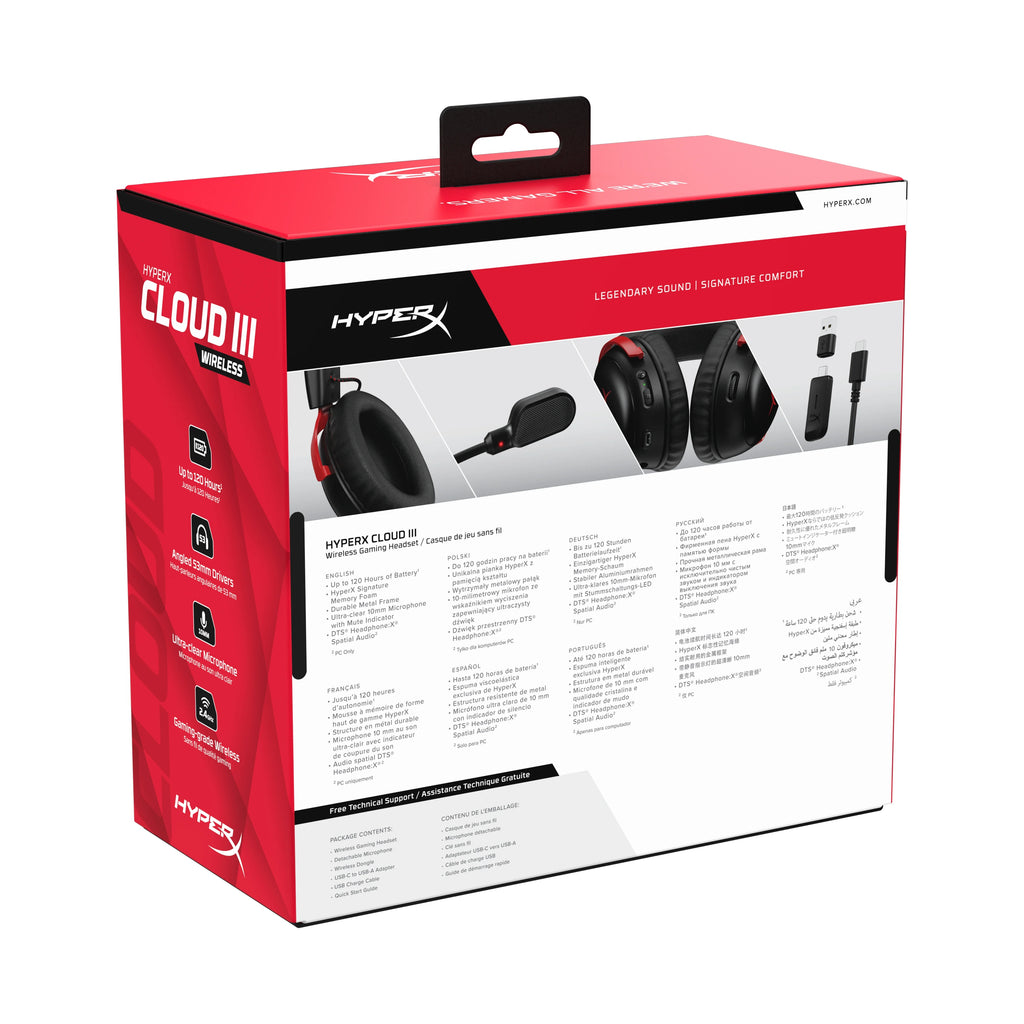 ¨C microphone HyperX 120-hour PS4, up headset Cloud Wireless 10mm to PS5, foam, Black/Red Gaming angled III 53mm Durable Battery, Frame, for Wireless, PC, 2.4GHz Memory ¨C drivers,