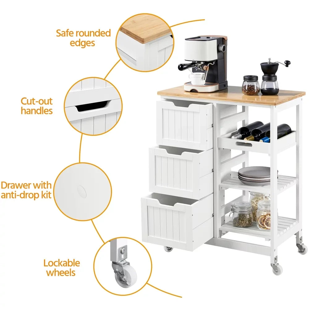 3 H White Bar, Storage for Easyfashion 33" Kitchen with Cart Serving Drawers