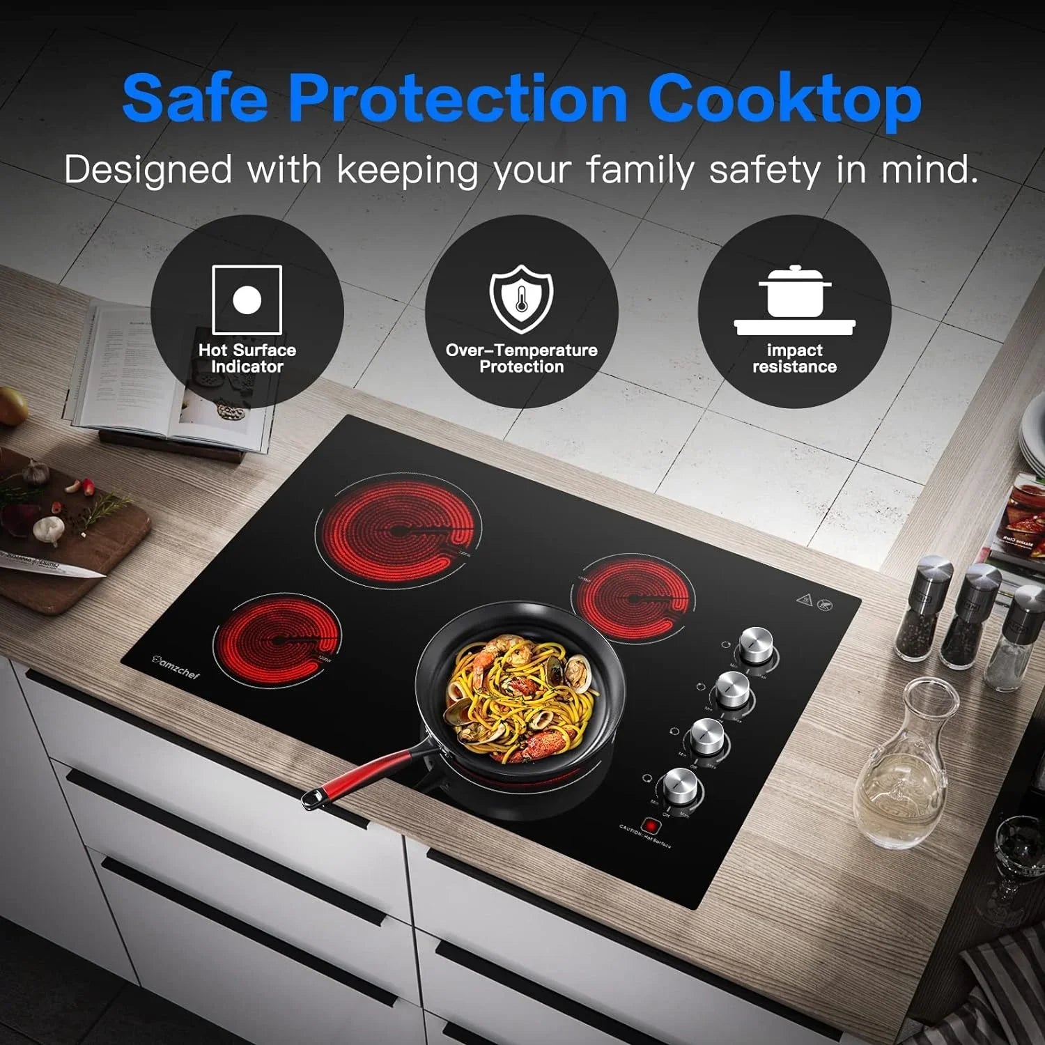4 240V Hot Burner Certified, with Inch AMZCHEF by Power with Indicator Electric Knob, Burners, Surface Built-in Electric ETL Stove 30 Cooktop Electric 7000W Control Safety