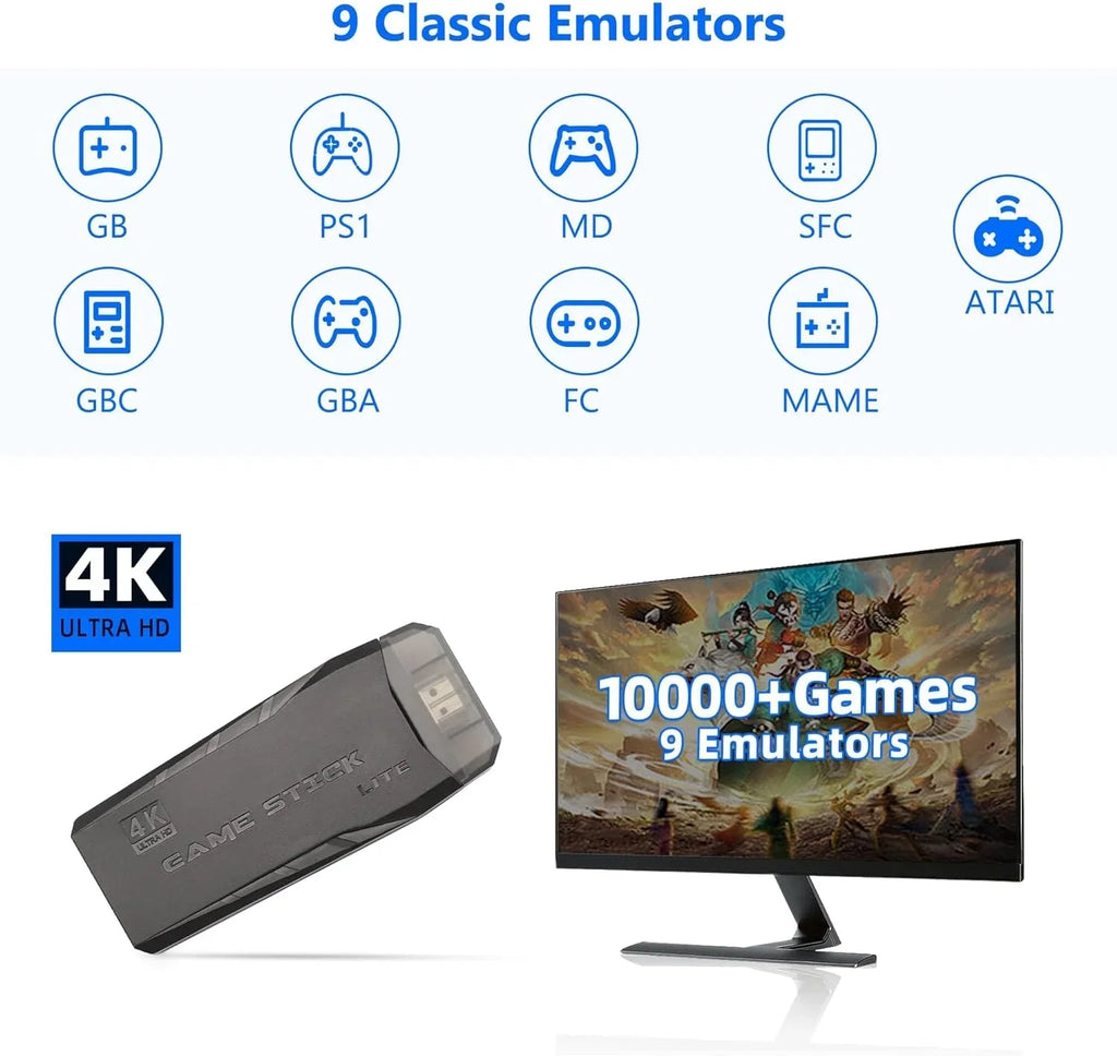 Stick 4K Play Retro Plug Video Game Output Stick,Wireless Game 2.4GHz in Emulators, Game with Console Retro Games, Wireless HD Built 9 and (64G) Controllers 10000+