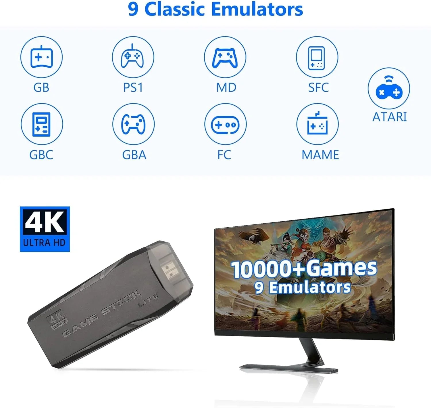 Stick 4K Play Retro Plug Video Game Output Stick,Wireless Game 2.4GHz in Emulators, Game with Console Retro Games, Wireless HD Built 9 and (64G) Controllers 10000+
